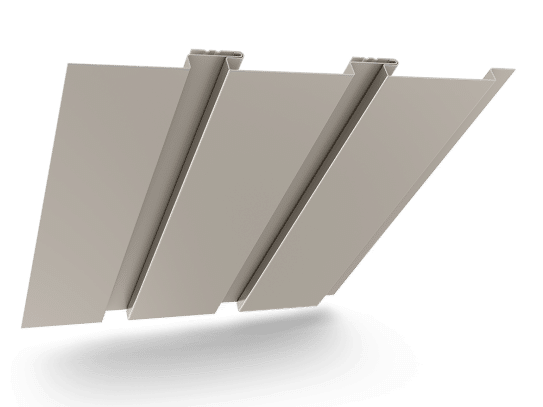 A metal roofing panel with three raised seams and a flat surface, shown on a white background.