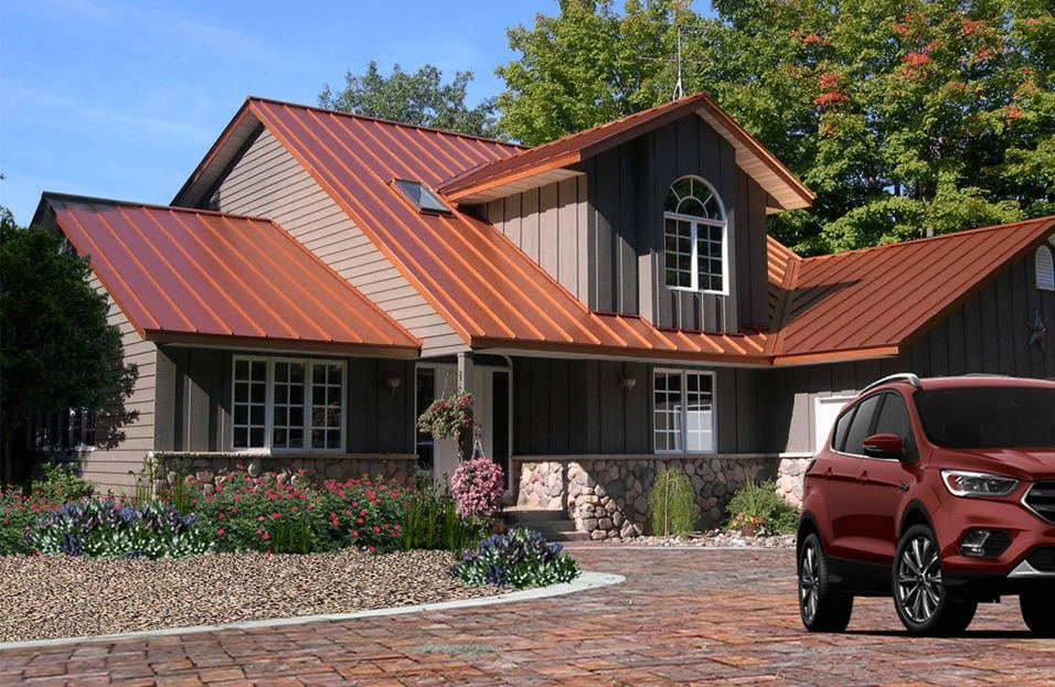 A modern house with a copper colored metal roofing, stone accents, stylish siding, and landscaped garden; a red SUV is parked in the driveway. A modern house with a copper colored metal roofing, stone accents, stylish siding, and landscaped garden; a red SUV is parked in the driveway.