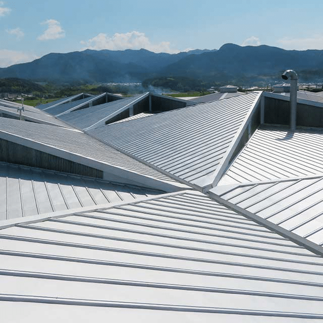 Large white standing-seam metal roof with multiple peaks against distant mountains.