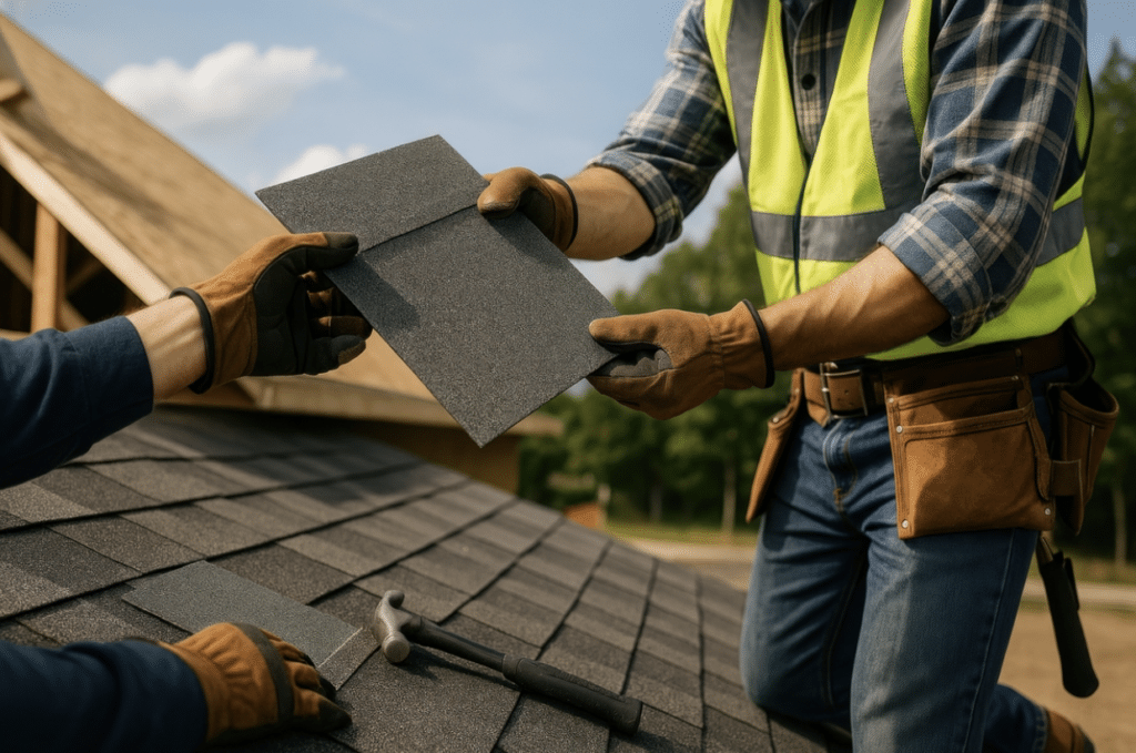 Screenshot 2026 09 15 at 11.57.03 AM Roofing professionals wearing safety gear inspect and handle asphalt shingles during a roof installation or repair with metal roofing.